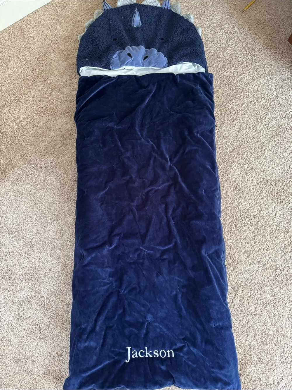 Pottery Barn Navy Blue Kids Sleeping Bag with Dinosaur Hood ( personalized)
